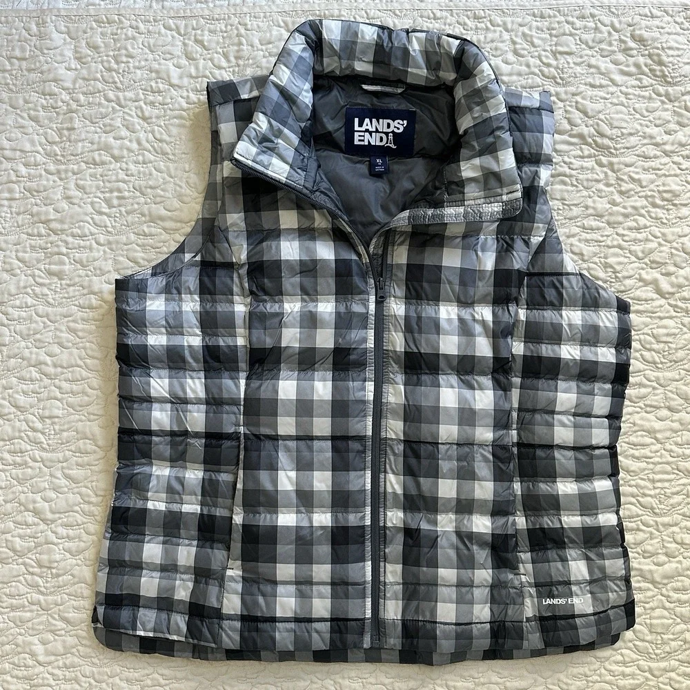 Lands End Plaid  Down Feather Fill Puffer Vest Women's XL Full Zip Winter‎ Snow